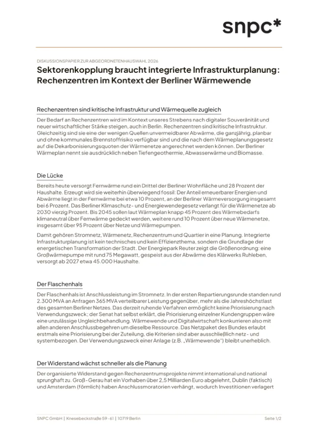 Sektorenkopplung braucht integrierte Infrastrukturplanung: Rechenzentren im Kontext der Berliner Wärmewende