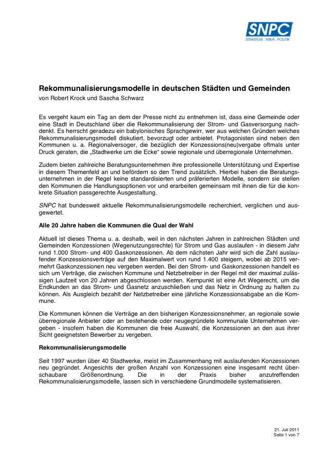 Rekommunalisierungsmodelle in deutschen Städten und Gemeinden